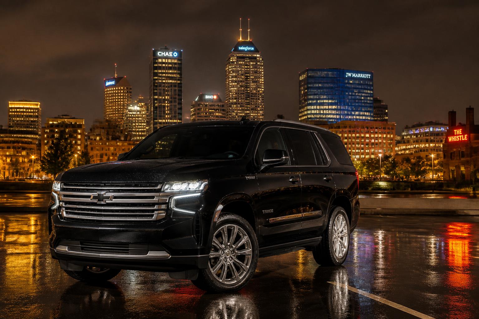 Black 2023 Chevrolet Tahoe Premier in front of the Indianapolis skyline at night